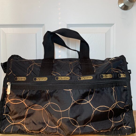 LeSportsac Black & Gold Geometric Nylon Duffel Bag – Weekender Travel Tote w/ St - Picture 4 of 12